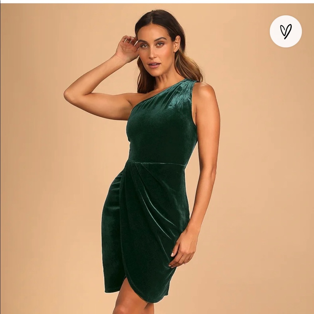 Lulus dark green velvet lace back one shoulder dress size medium